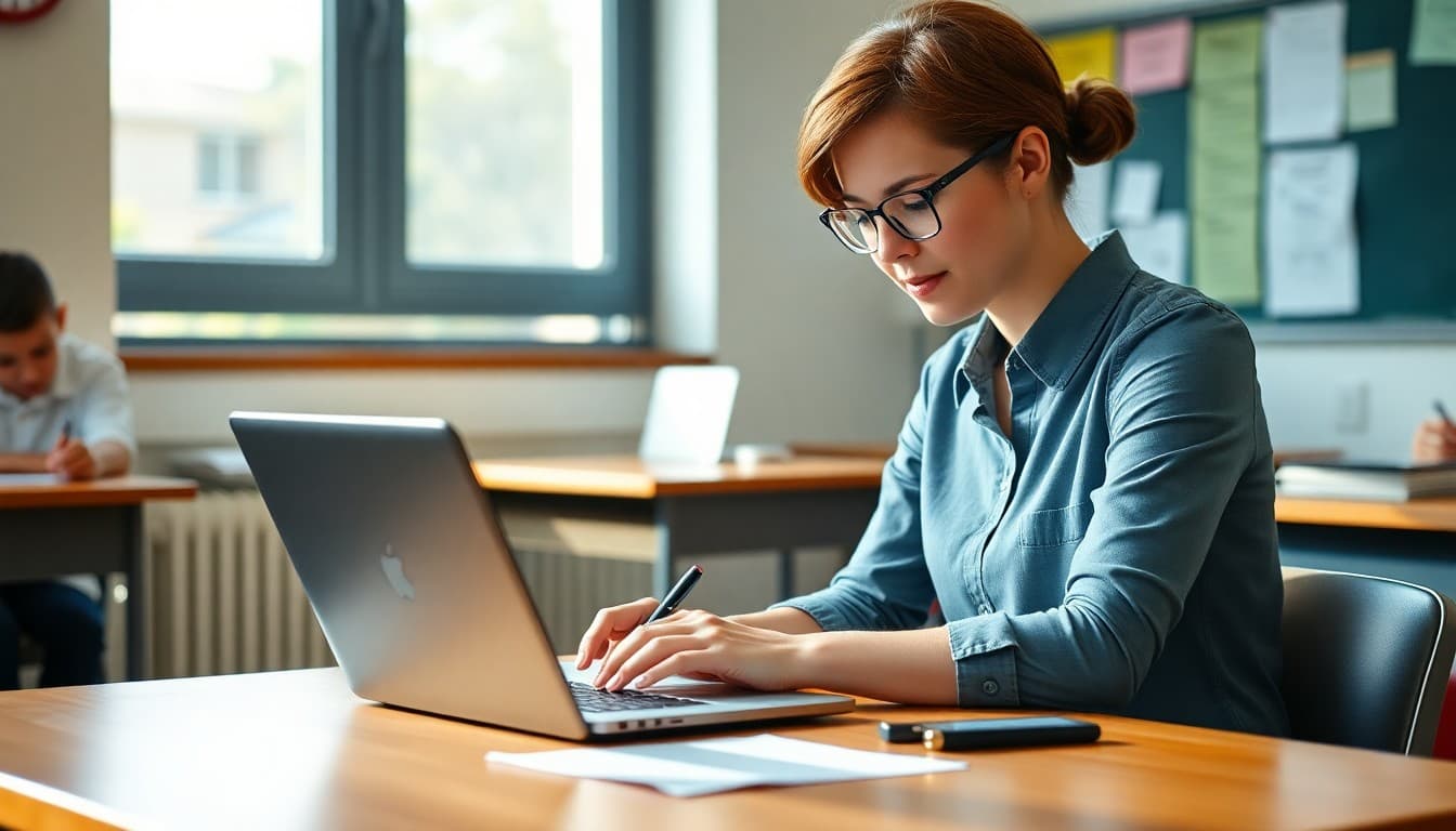 Teacher at desk writing weekly newsletter on laptop Monday morning