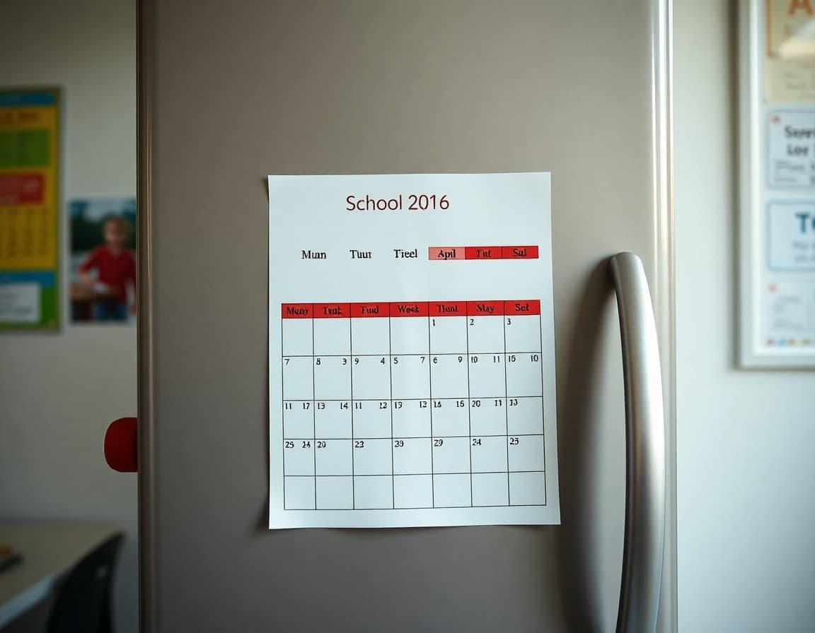 Monthly school calendar printed on colorful paper on a refrigerator door