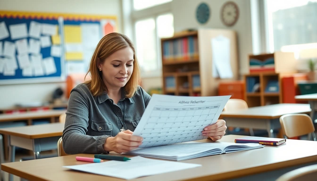 Teacher preparing a monthly classroom calendar newsletter at their desk