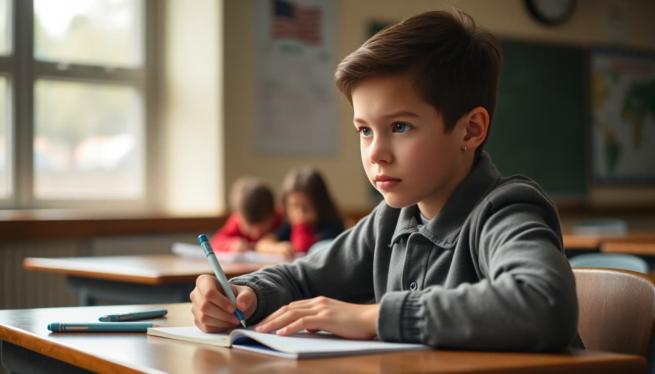 Student writing a personal narrative with a thoughtful expression at a classroom desk