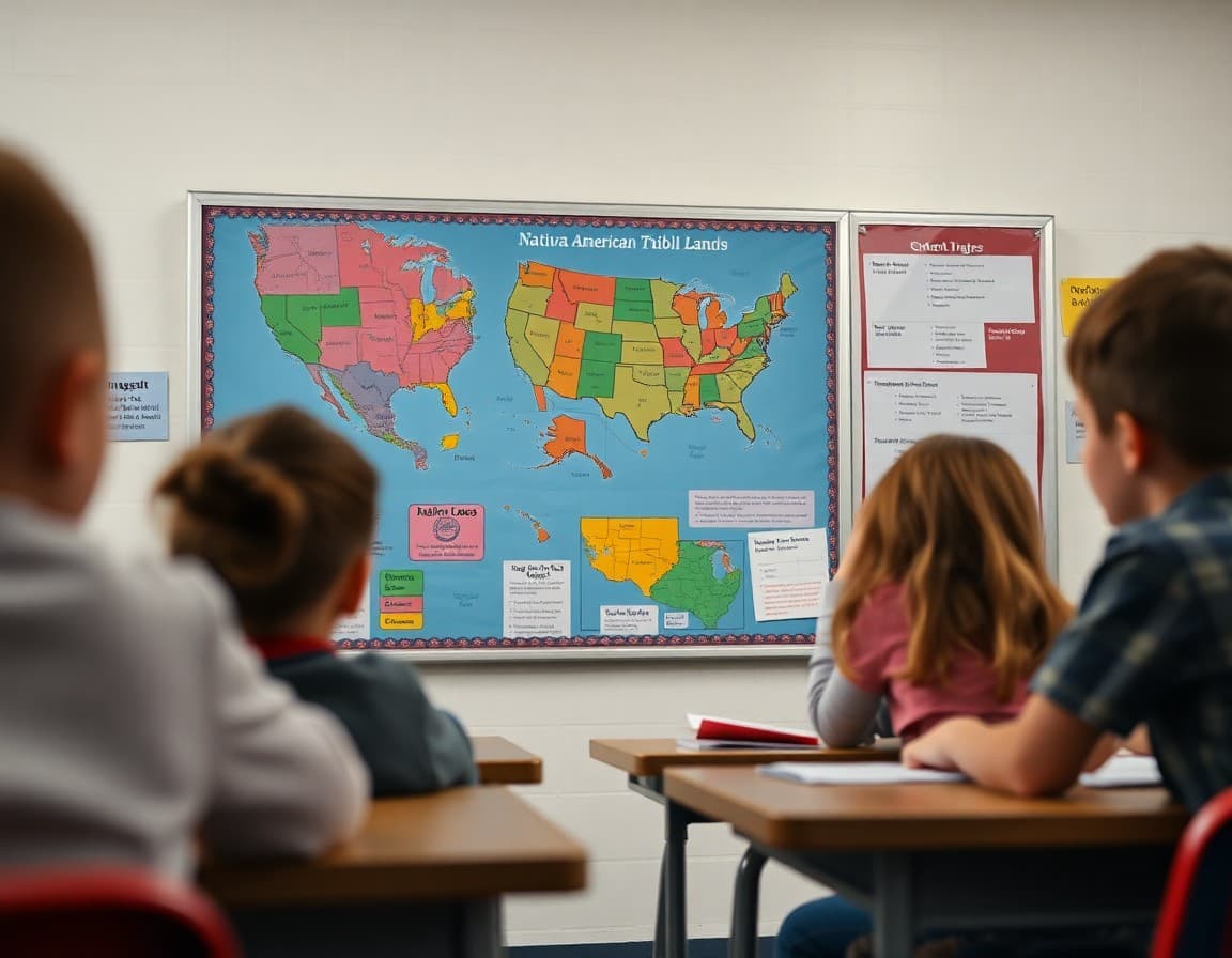 Classroom display featuring maps of Native American tribal lands and student research notes