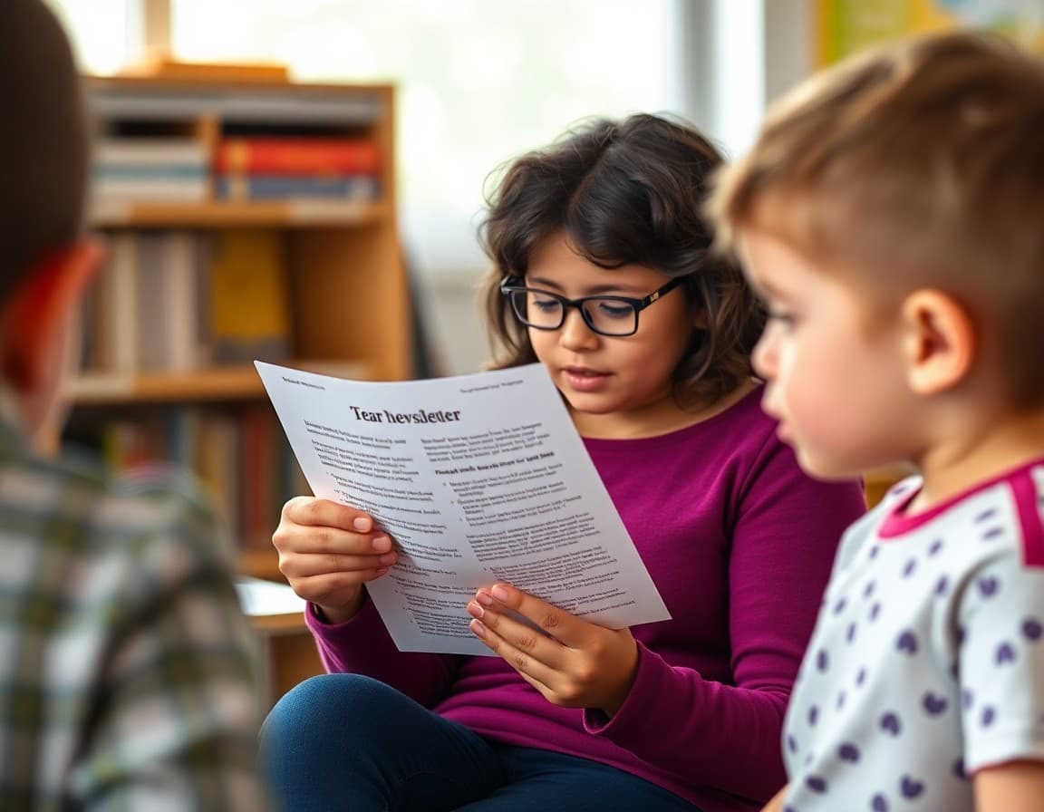 Parent reading a teacher newsletter explaining the new textbook and what changes families can expect