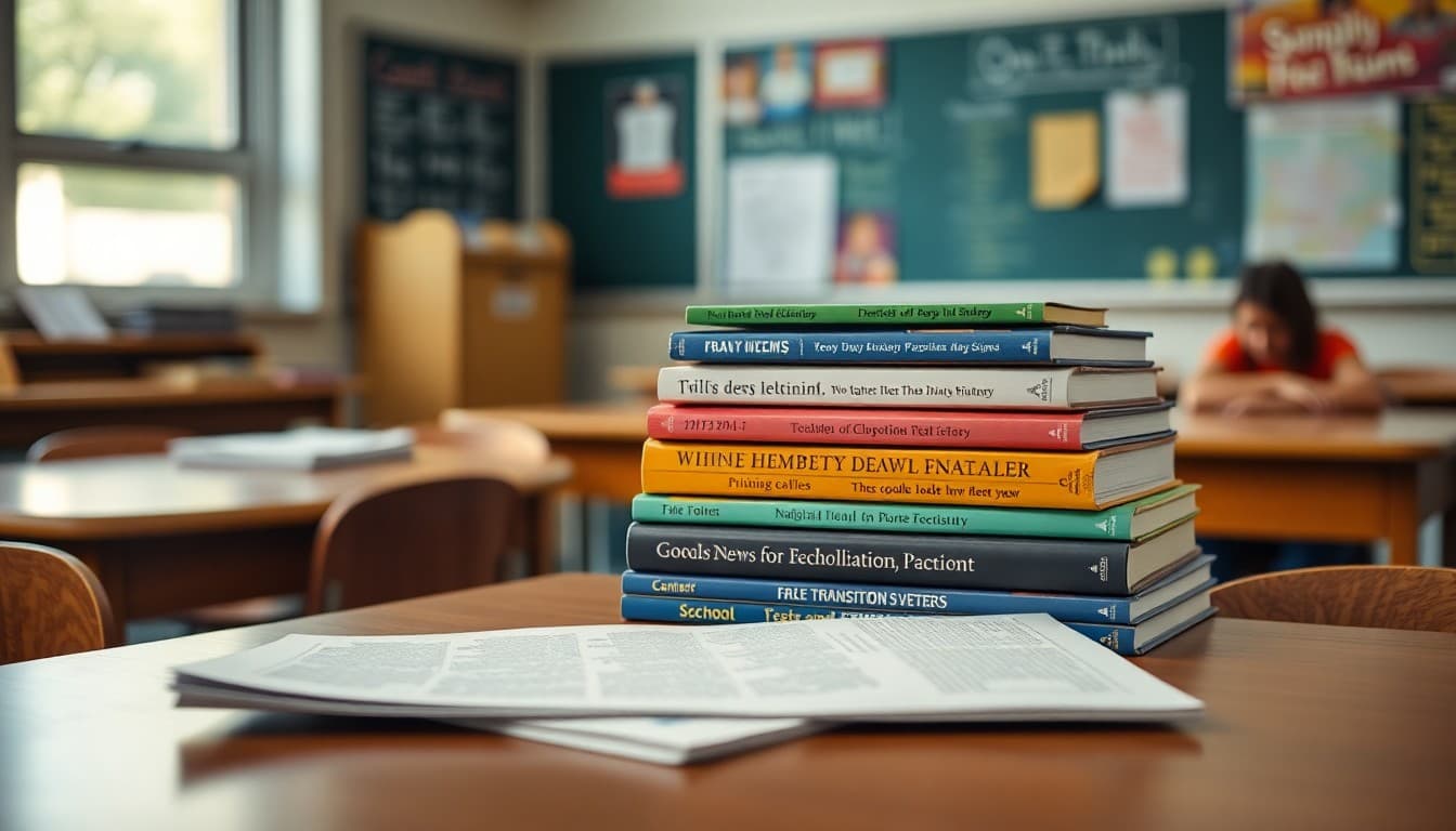 Stack of new textbooks on a classroom desk with teacher newsletter announcing the transition