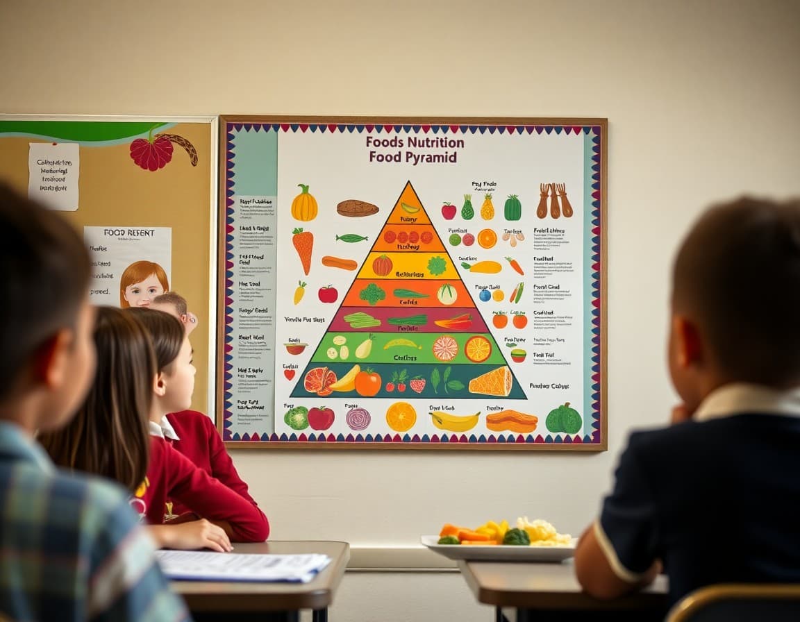 Colorful food pyramid chart on a classroom nutrition display board