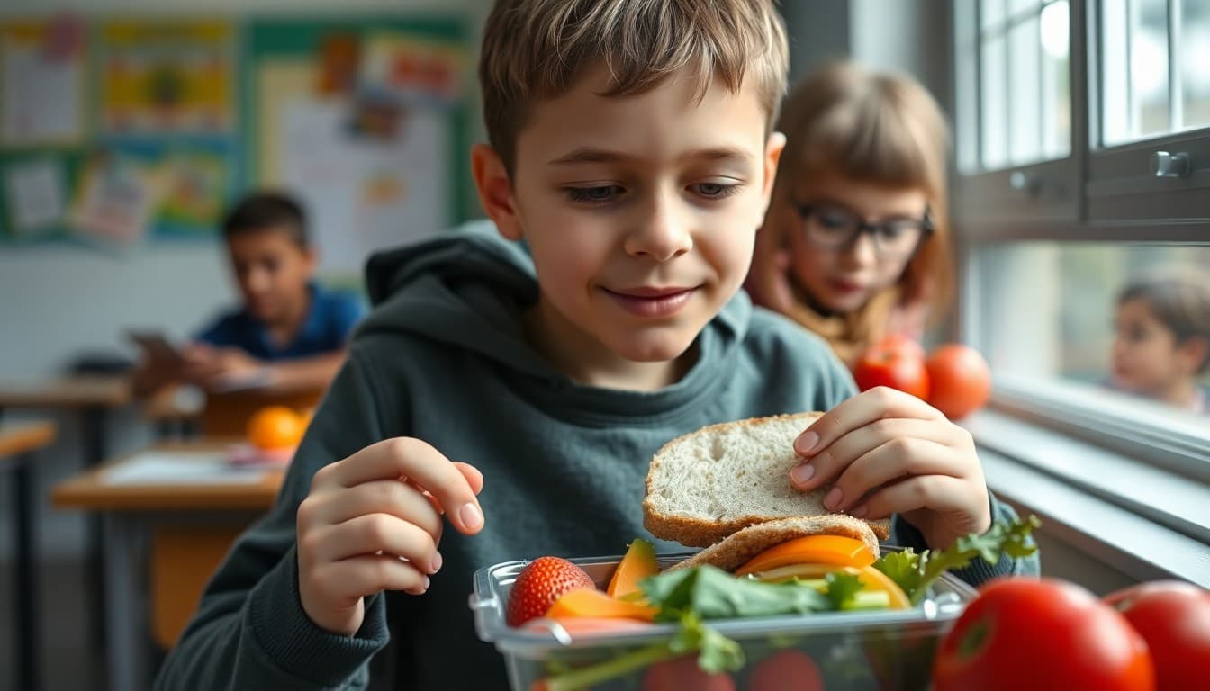 Student eating a healthy packed lunch with fruits, vegetables, and a sandwich