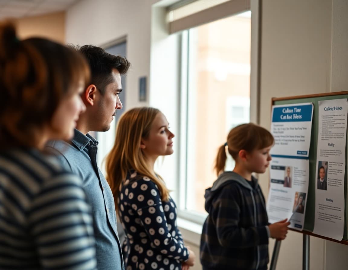 Family reading a posted class newsletter board during open house evening