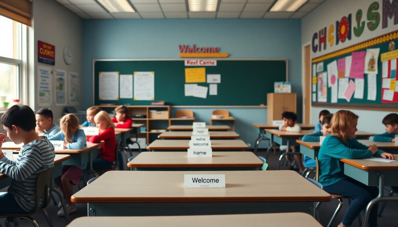 Classroom set up for open house with student work displayed, welcome signs, and name tags on desks