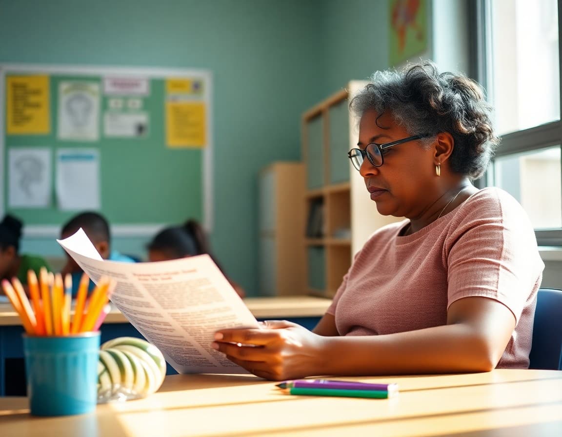 Parent reading a teacher newsletter that introduces the classroom oral history project