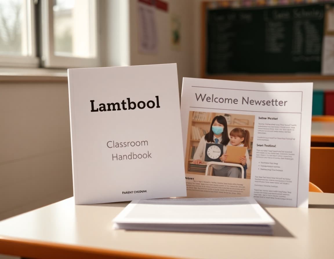 Classroom parent handbook displayed alongside a welcome newsletter