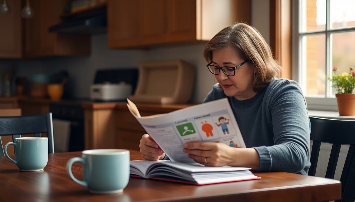 Parent reading classroom handbook at kitchen table with coffee cup nearby