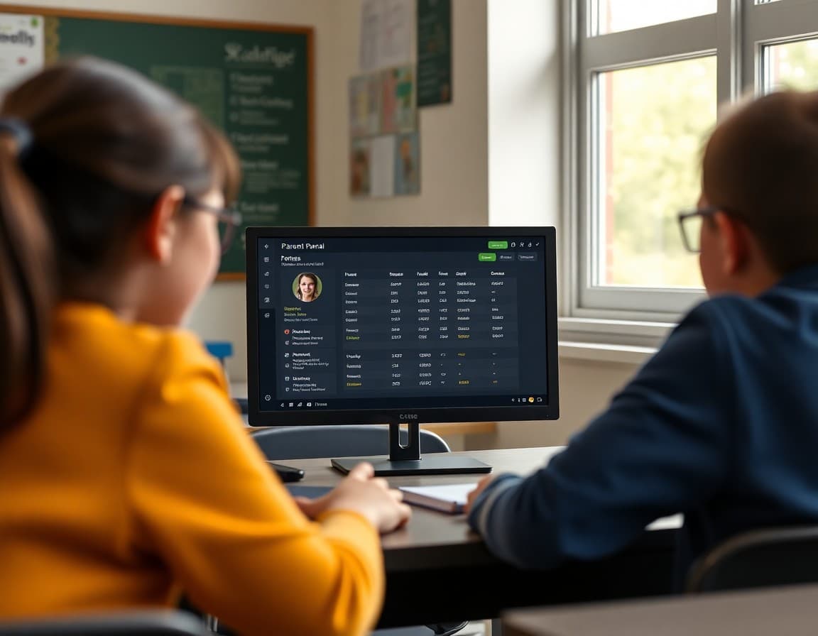 Parent portal dashboard showing student grades and attendance on screen