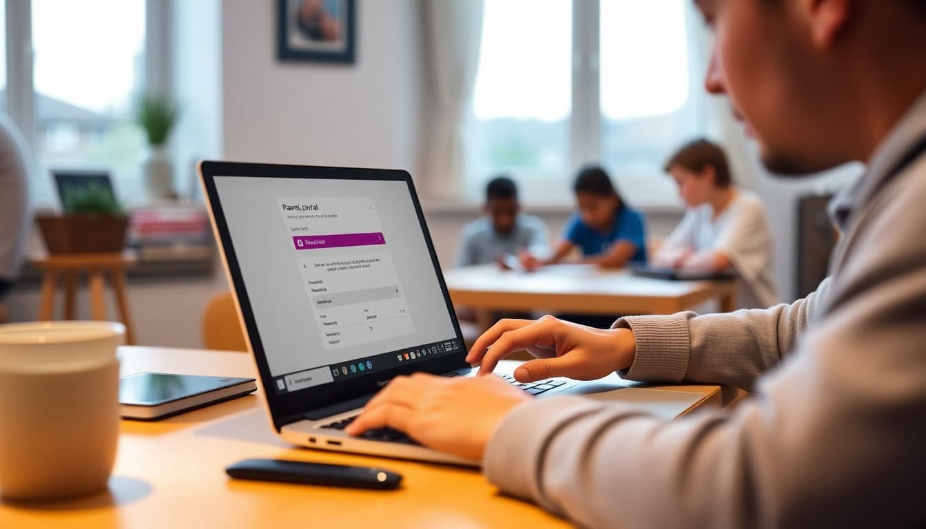 Parent logging into school parent portal on a laptop at home in the evening