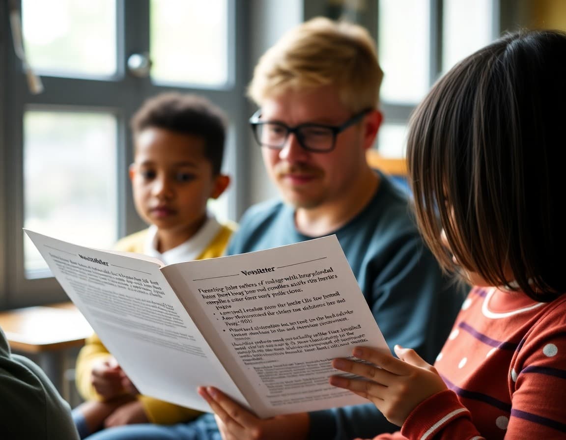 Parent reading a newsletter that outlines how the teacher handles peer conflict situations