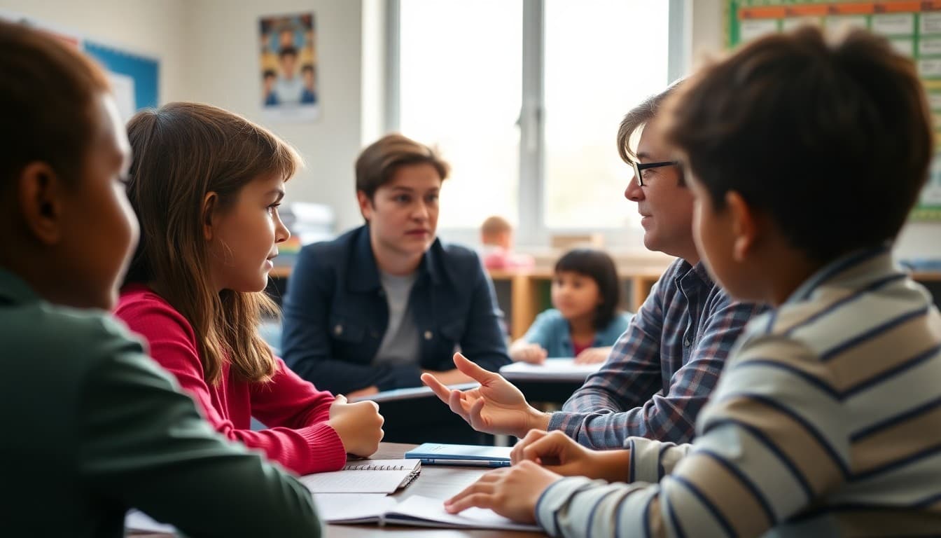 Teacher guiding students through a peer conflict resolution conversation in the classroom