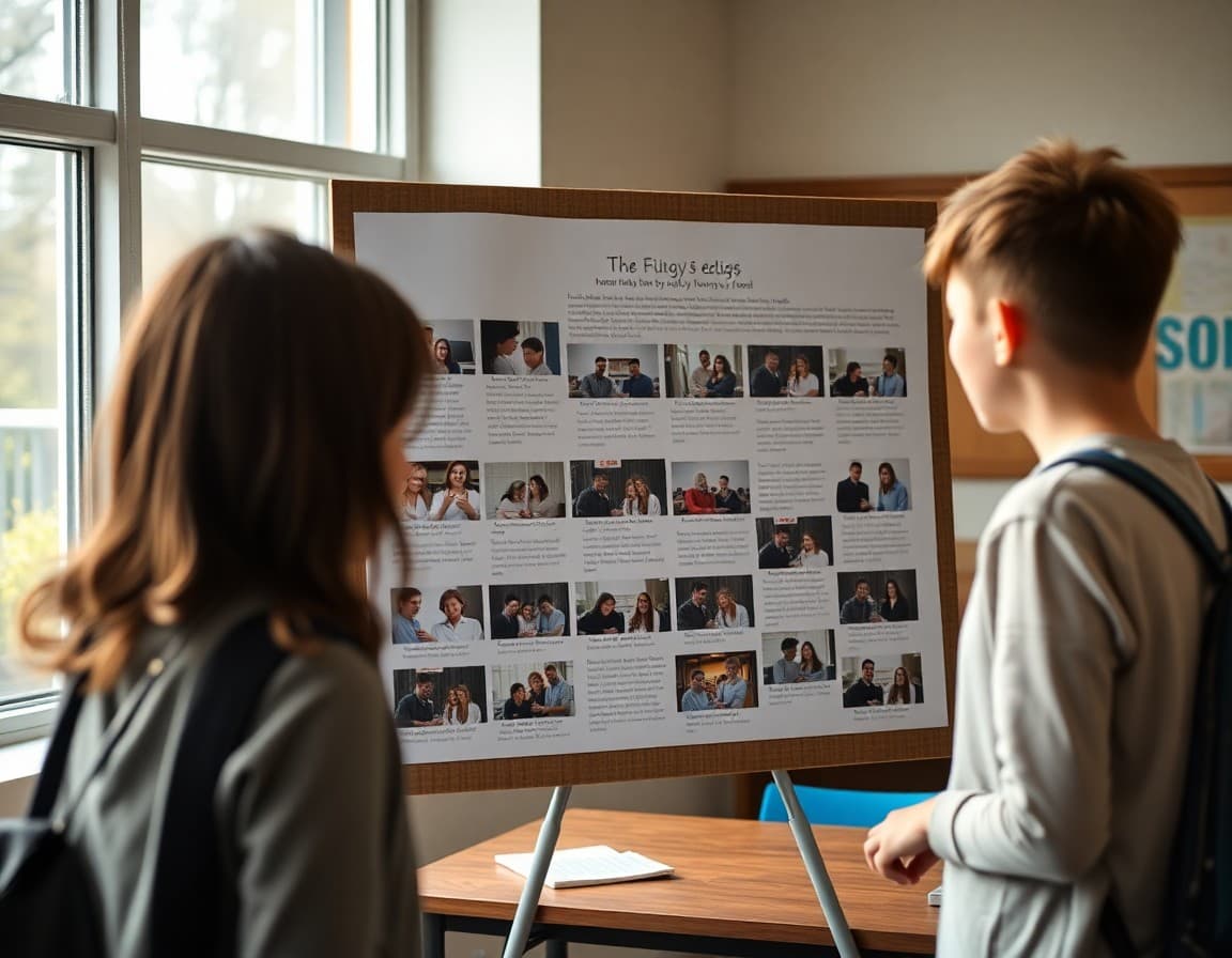 Printed photo essay with student-taken photographs and handwritten captions on display board
