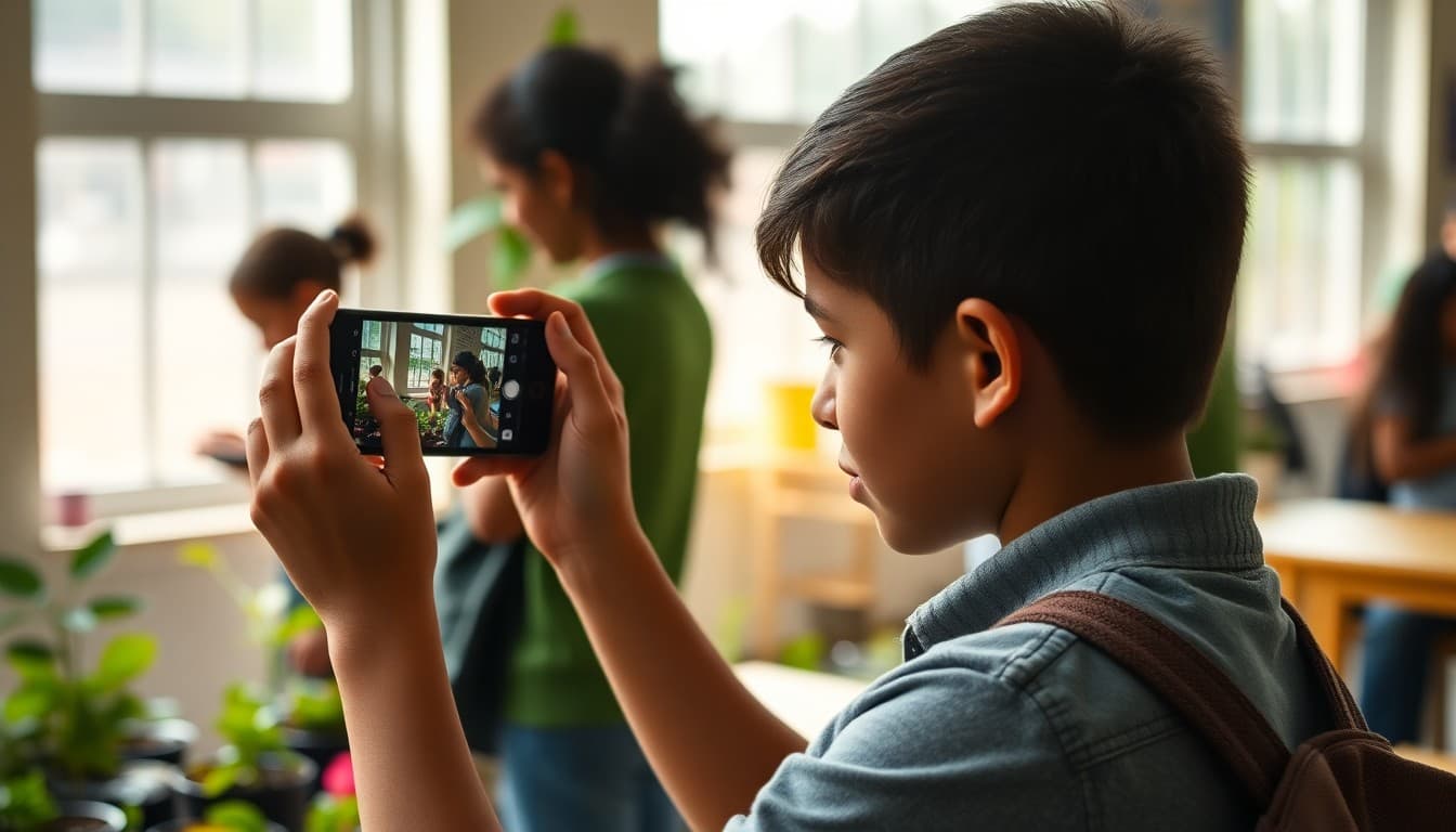 Student photographing a community garden scene with a phone for a photo essay project