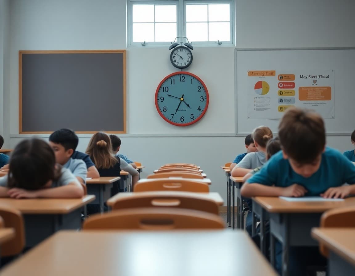 Classroom clock showing morning start time with students seated at desks