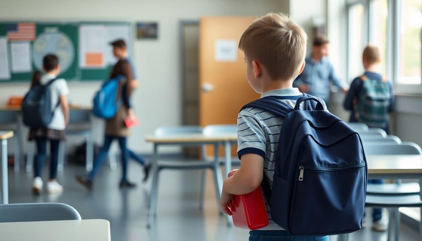 Elementary student walking into classroom on time with backpack and lunchbox