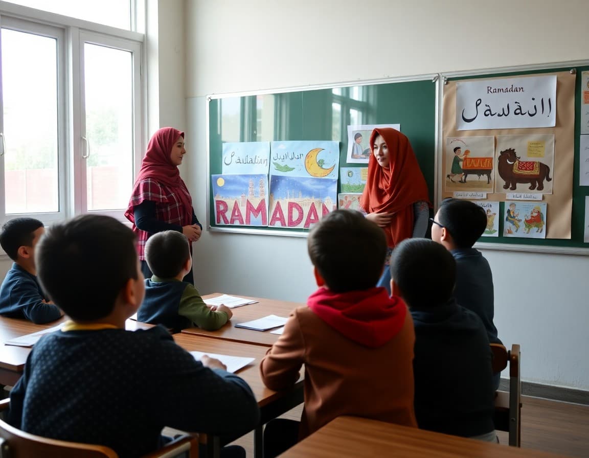 Students learning about Ramadan with a teacher using visual cultural displays on a classroom wall