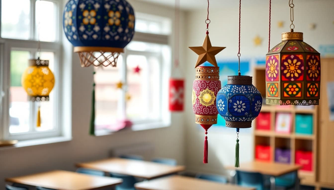 Colorful Ramadan lanterns and star decorations displayed in a welcoming classroom