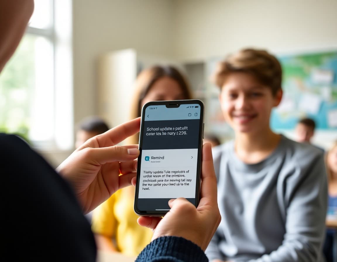 Parent receiving a school update text notification on a phone from Remind app