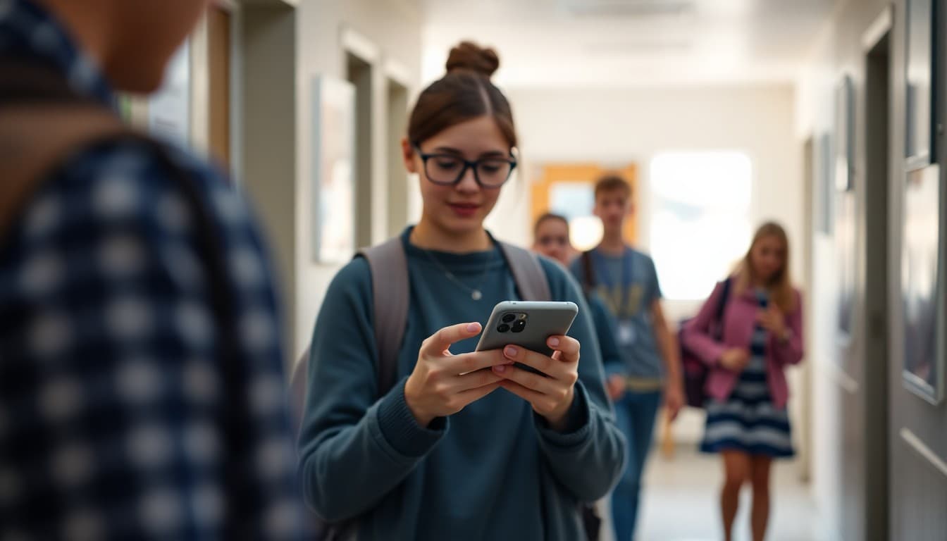 Teacher sending a class reminder text on a smartphone in a school hallway