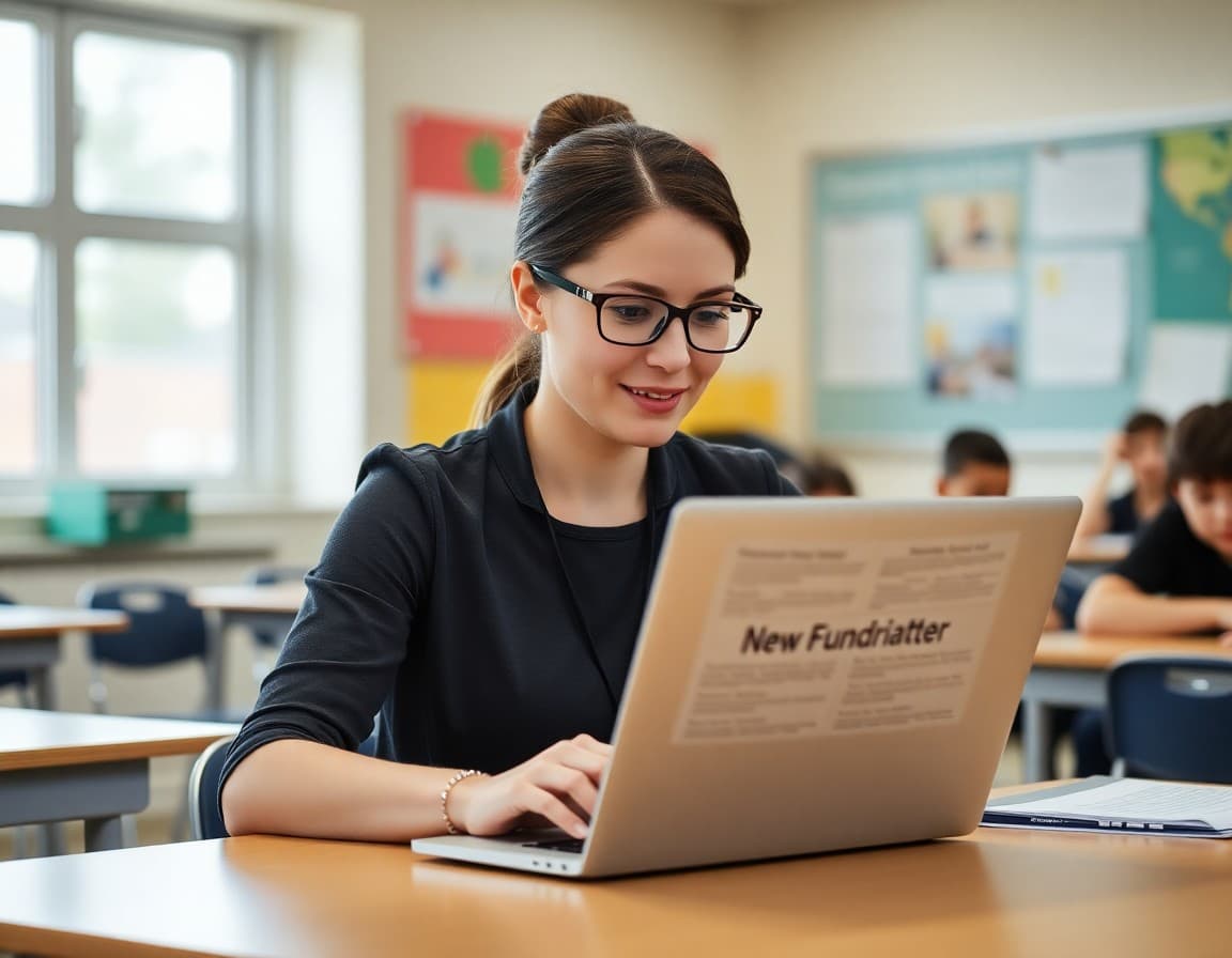 Teacher reviewing a school fundraiser newsletter draft on a laptop in a classroom