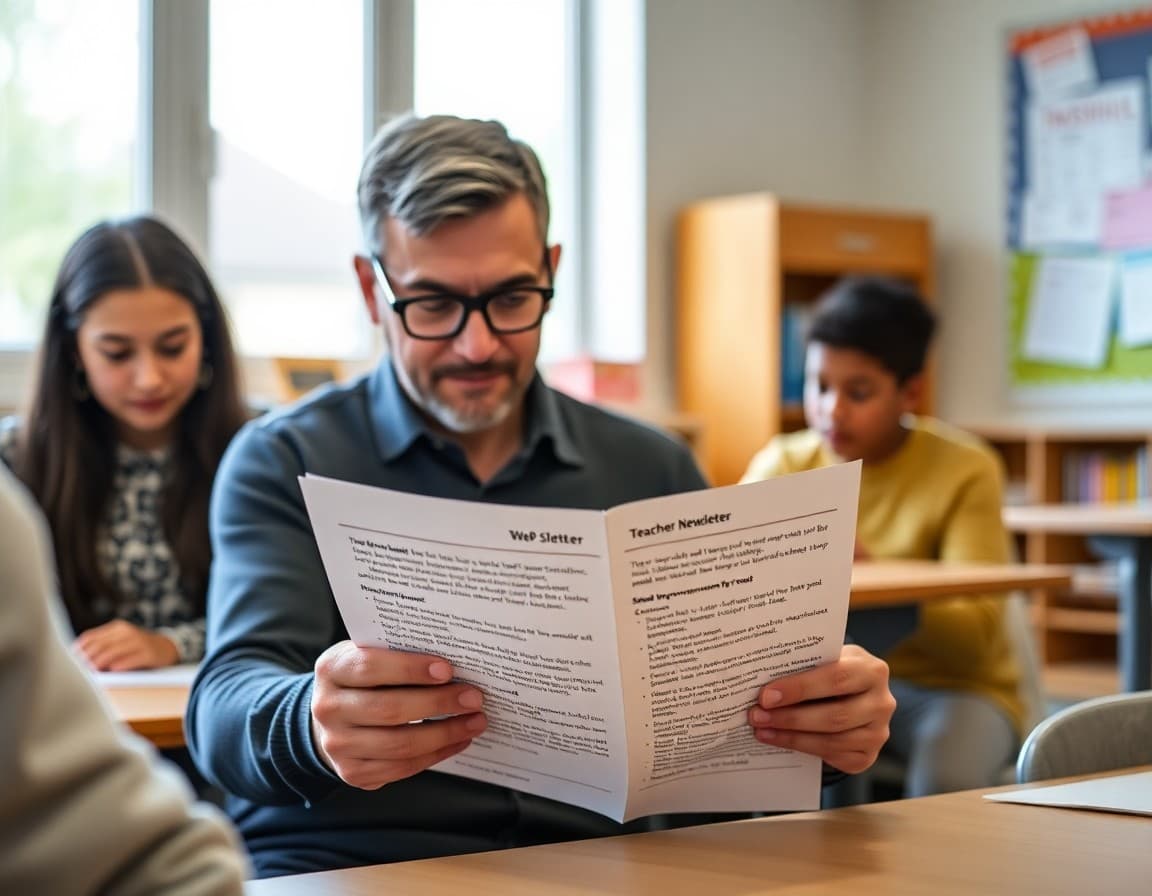 Parent reading a teacher newsletter that outlines school improvement goals for the year