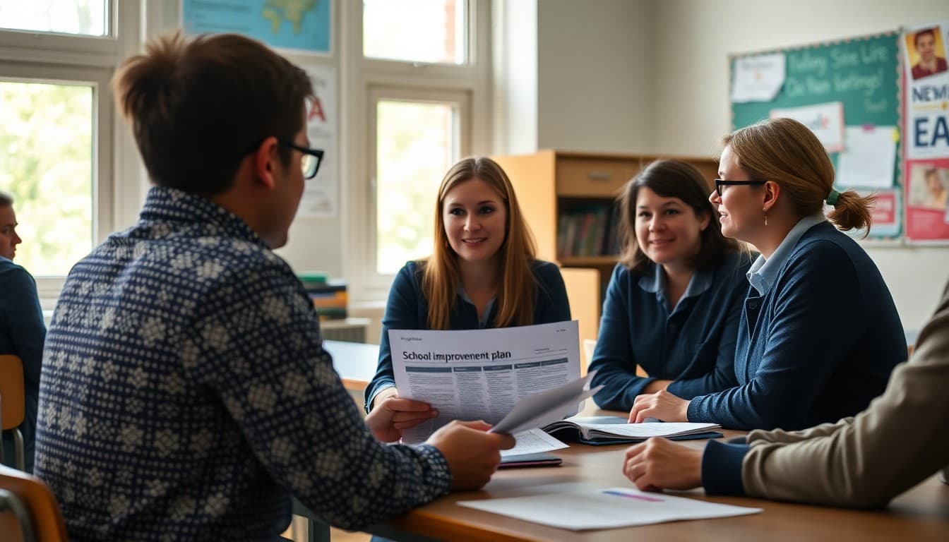 Teacher and staff meeting around a school improvement plan with newsletter communication tools visible
