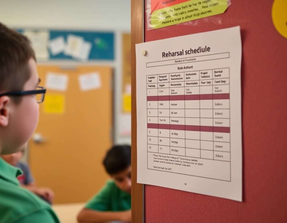 Rehearsal schedule and role assignment sheet pinned to a classroom bulletin board