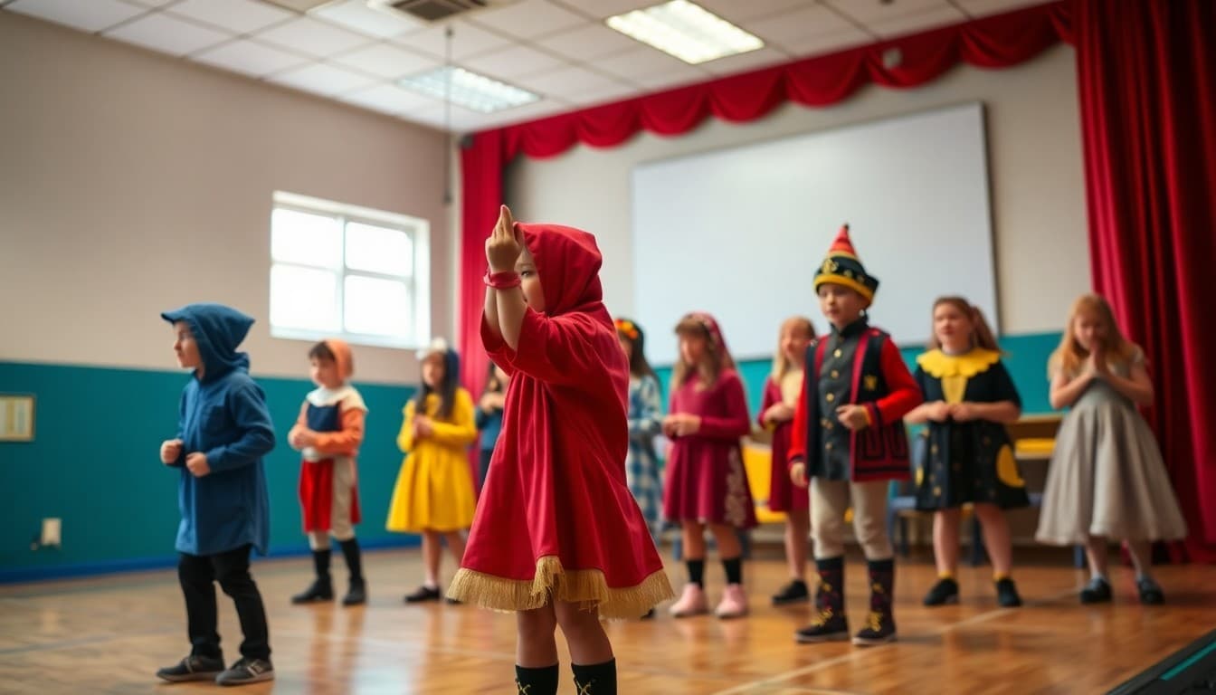 Students in costume performing on a school stage with colorful backdrops