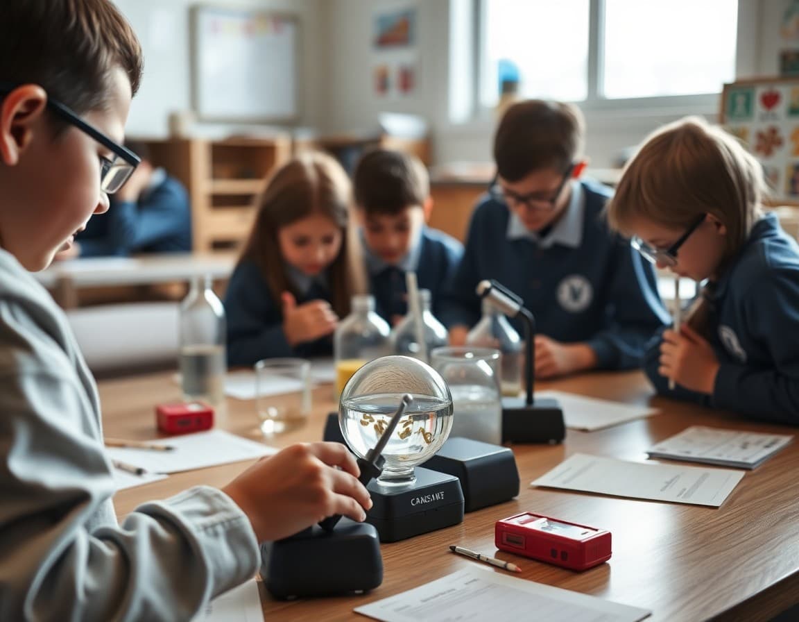 Science experiment stations with magnifying glasses, specimens, and activity cards