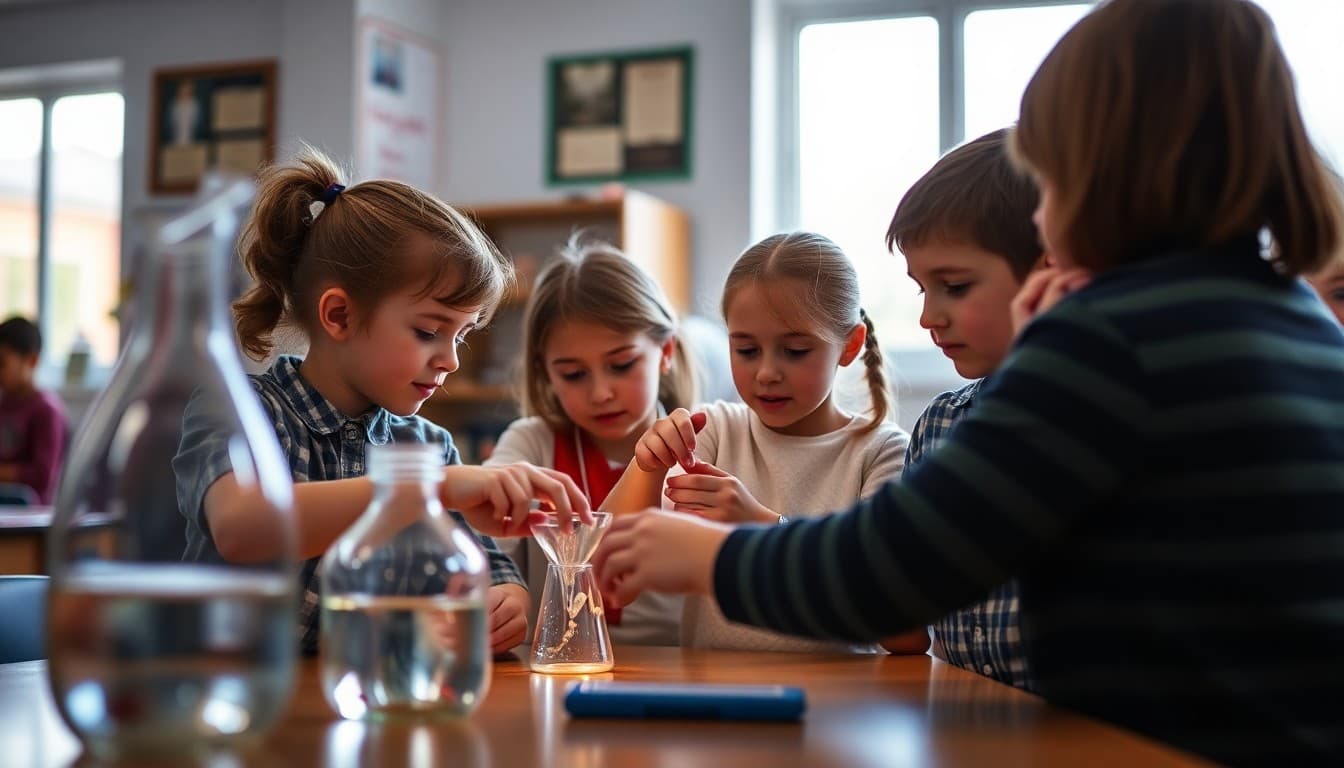Children and parents doing a hands-on science experiment at a school science night