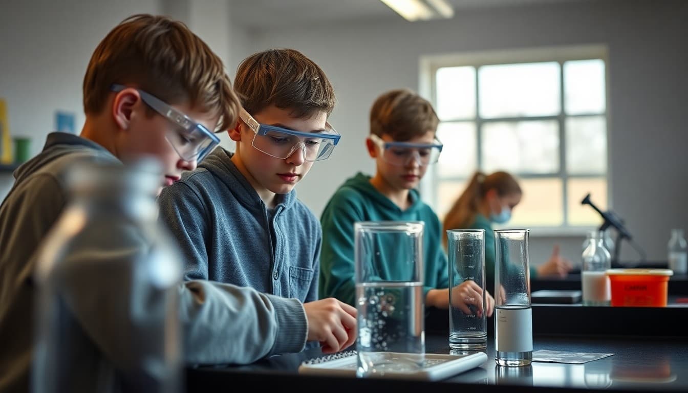 Students in safety goggles working on a science olympiad experiment at a lab bench