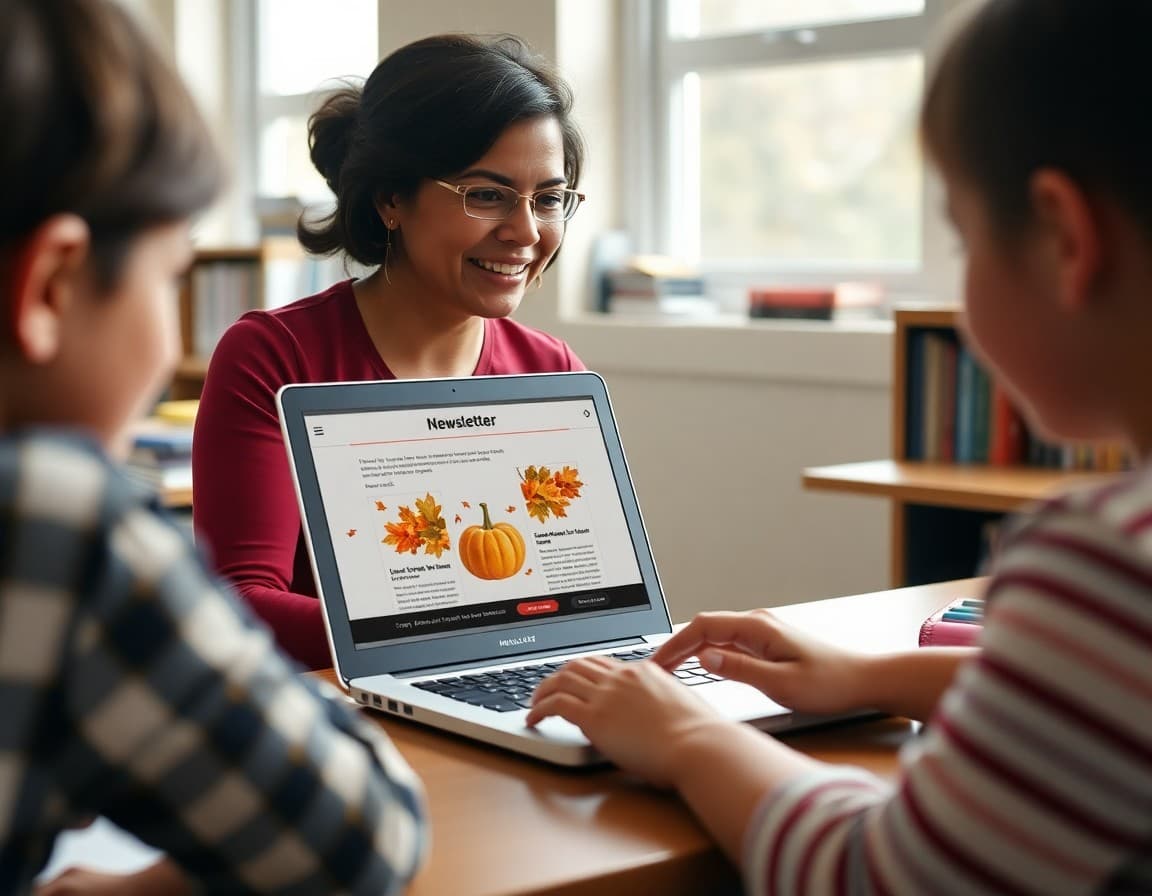 Teacher updating a fall seasonal newsletter template on a laptop