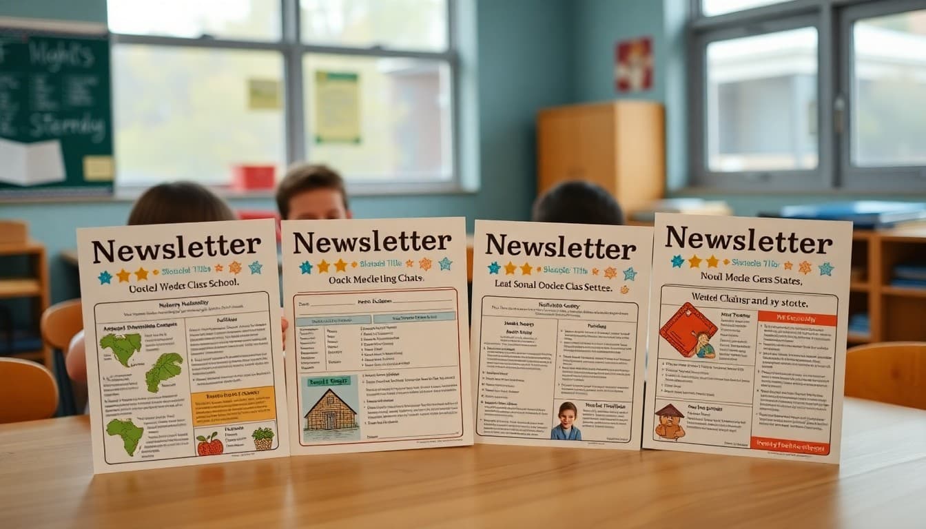 Four seasonal classroom newsletter examples displayed on a table together