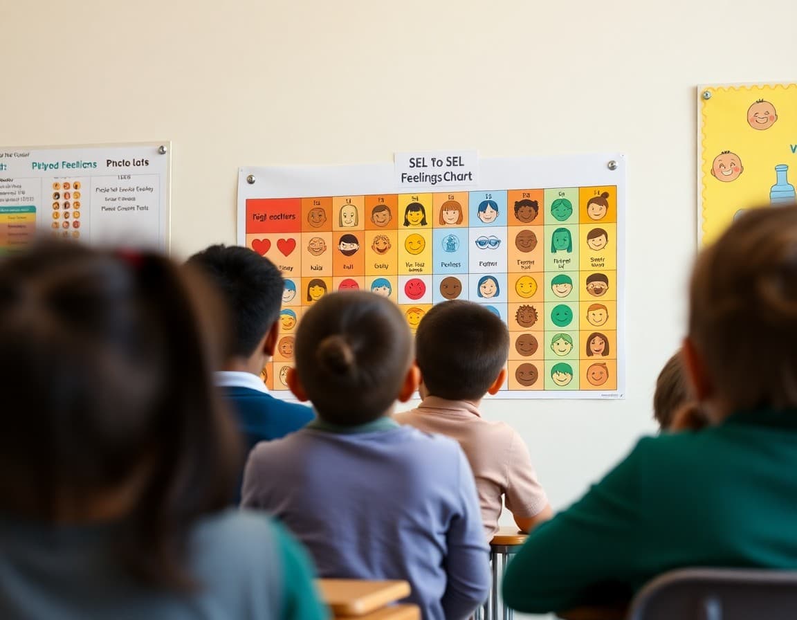 SEL feelings chart posted on a classroom wall with colorful emotion icons