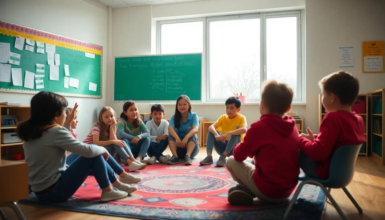 Students in a circle on a classroom rug having a group discussion