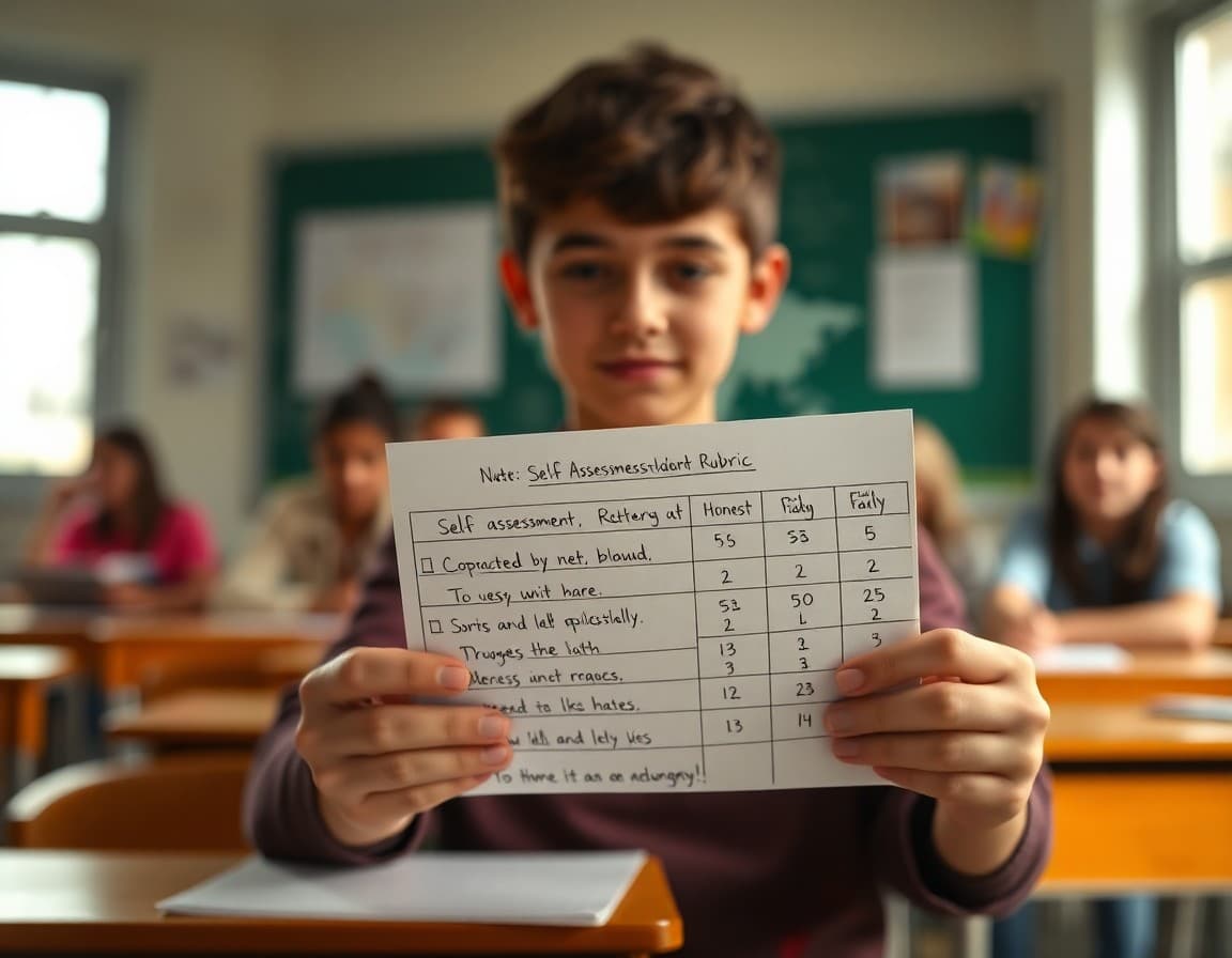 Self-assessment rubric filled out in student handwriting with honest ratings