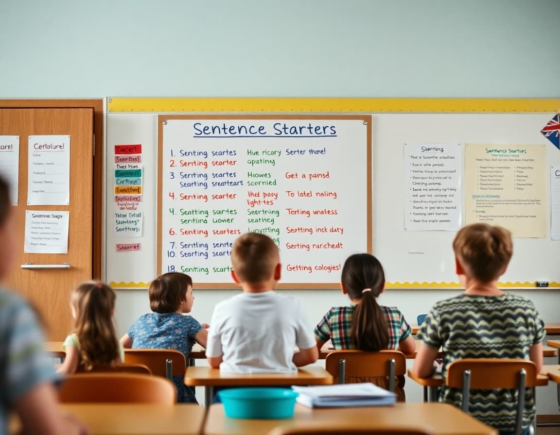 Sentence starter anchor chart posted on classroom wall for student reference