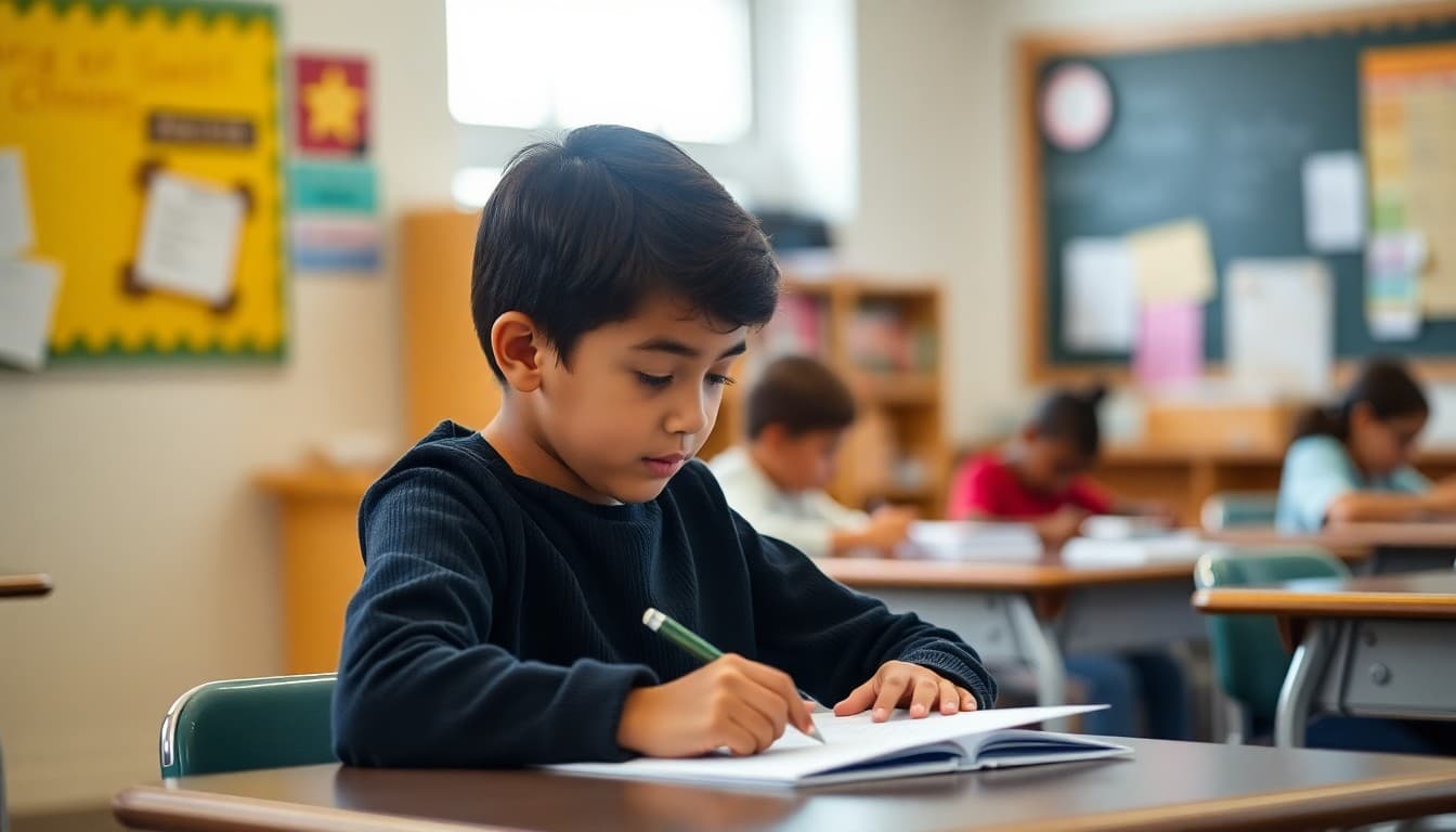 Student using sentence starter chart to begin a writing assignment at their desk