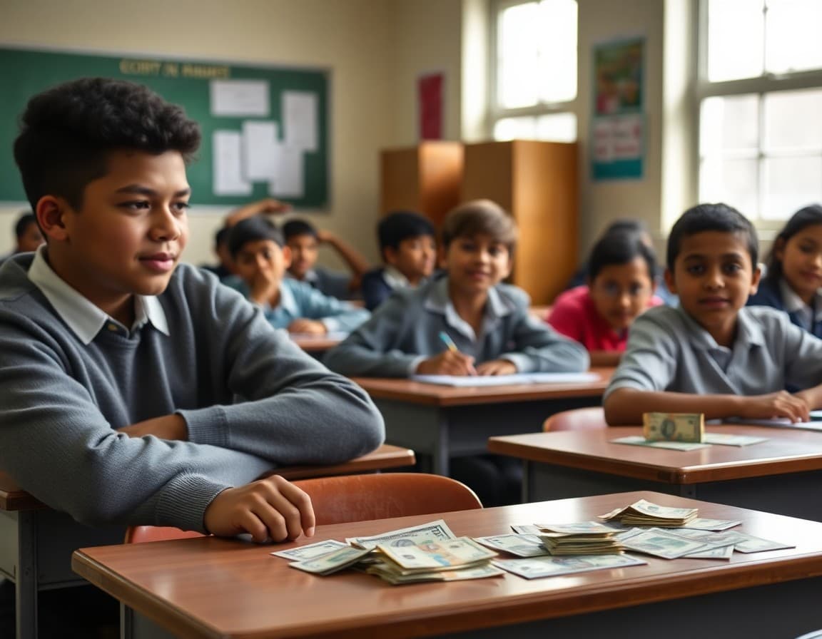 Mock economy classroom activity with student-made currency on desks