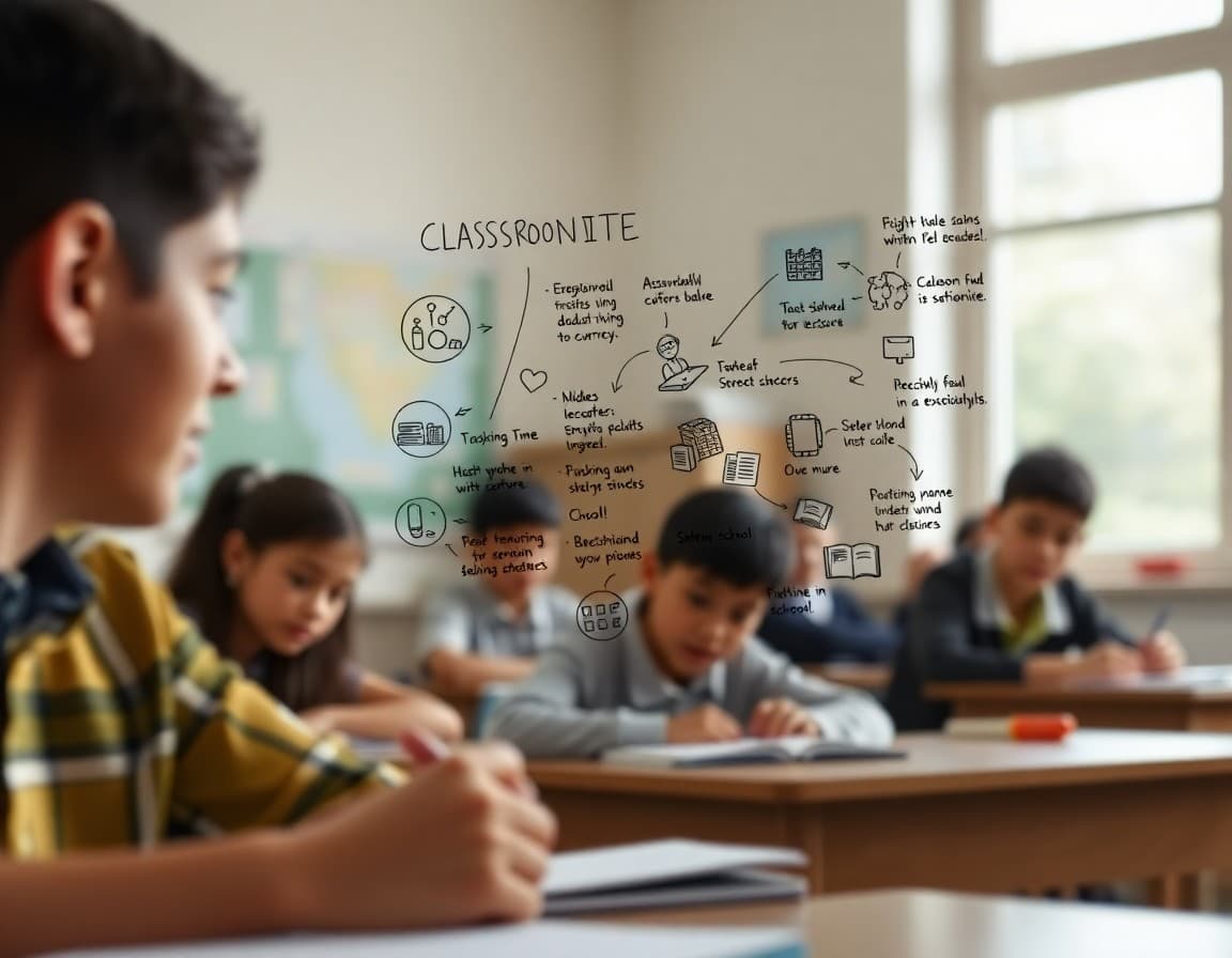Example sketchnote with icons, text, and visual connections about classroom topic