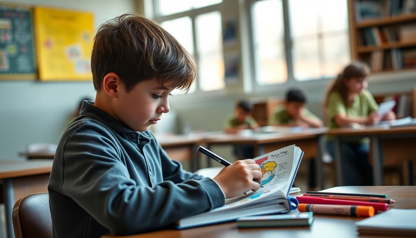 Student creating a colorful sketchnote in a notebook during a science lesson