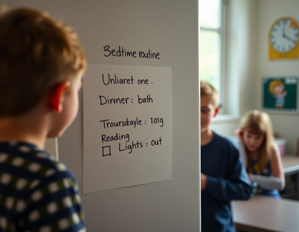 Bedtime routine checklist on a fridge: dinner, bath, reading, lights out times