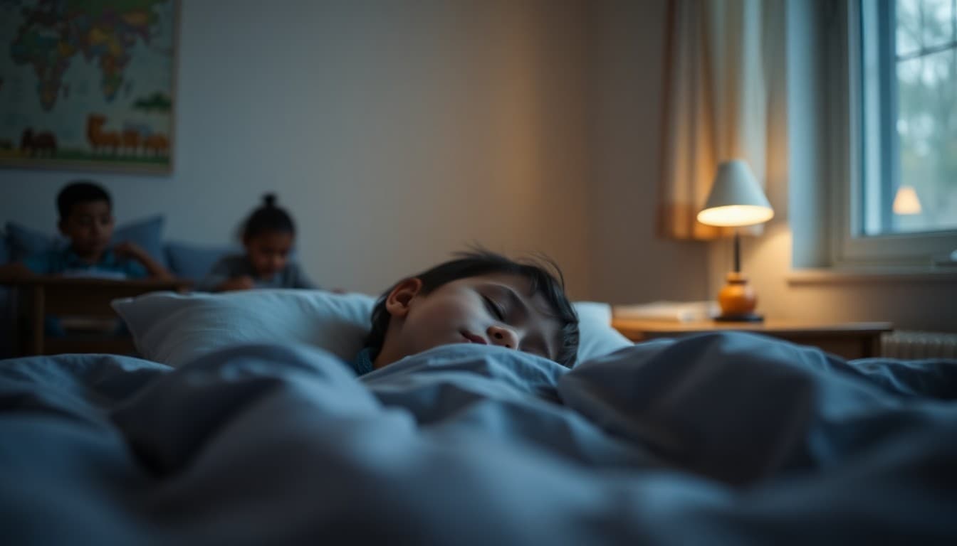 Child sleeping peacefully in bed with a dim nightlight in a calm bedroom