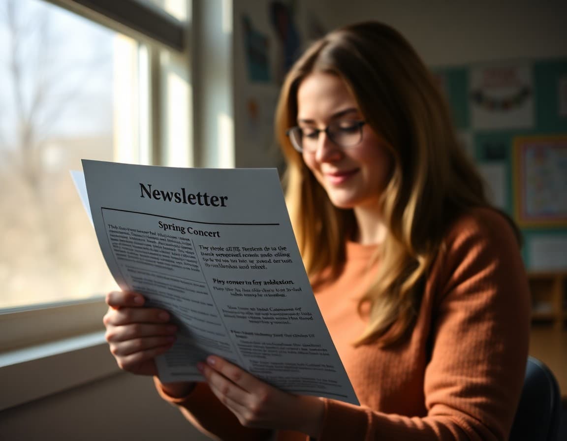 Parent reading a teacher newsletter with spring concert announcement and rehearsal information