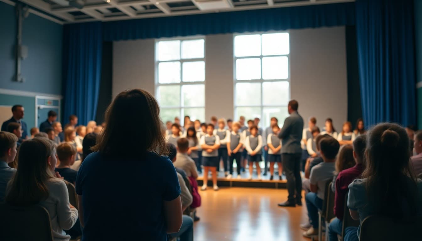 Students in spring concert formation on stage while audience families prepare to watch