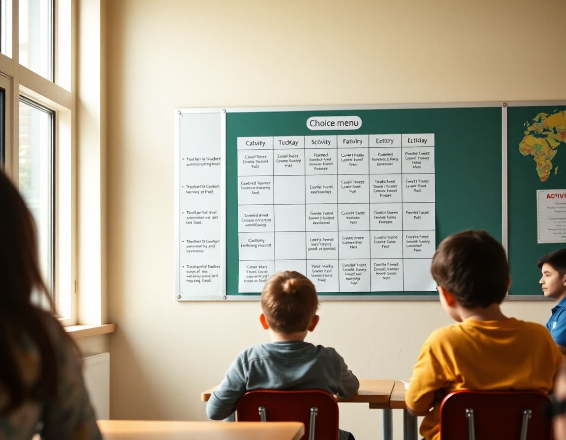 Student choice menu grid posted on classroom wall with nine activity options