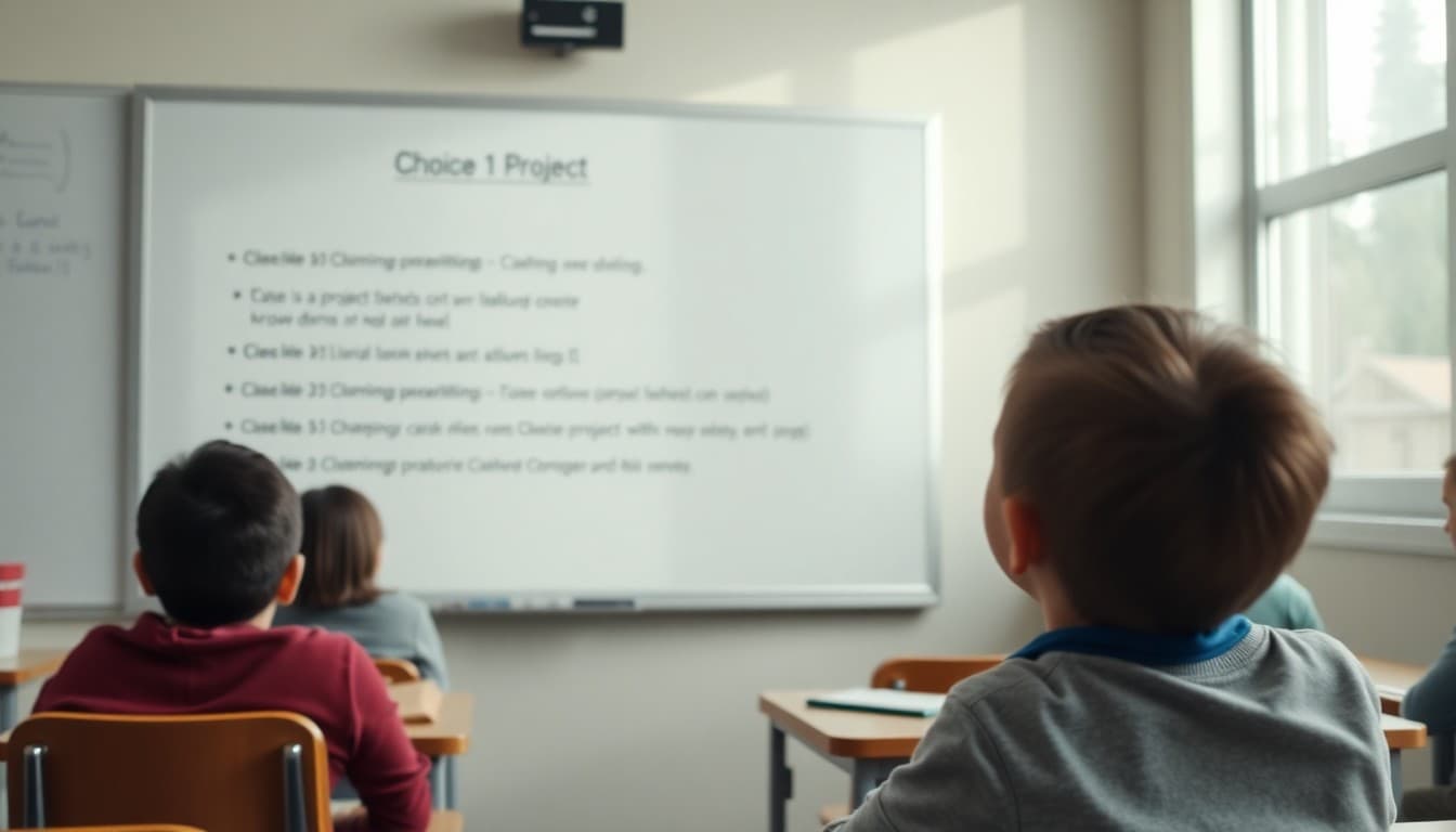Student selecting from a choice board of project options on classroom whiteboard